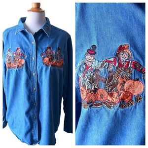 Vintage Bobbie Brooks Halloween Autumn Embroidered Denim Shirt - Large